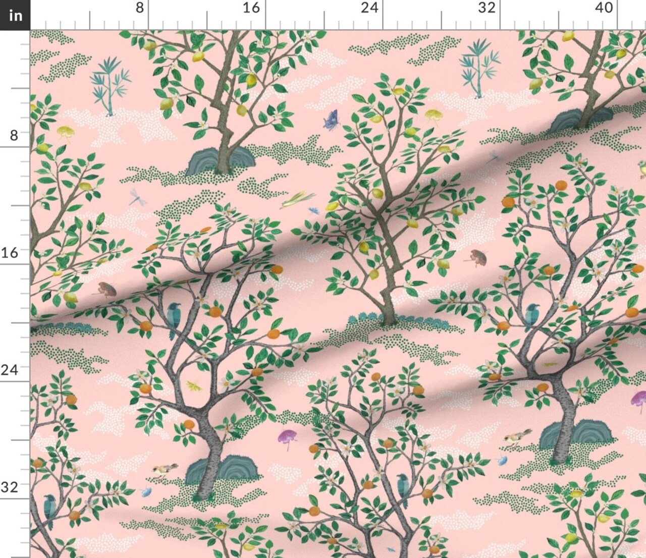 Chinoiserie Pink Botanical Nature Oranges Lemons Birds Custom Printed Fabric by Spoonflower Various Fabrics by the Yard or Fat Quarter